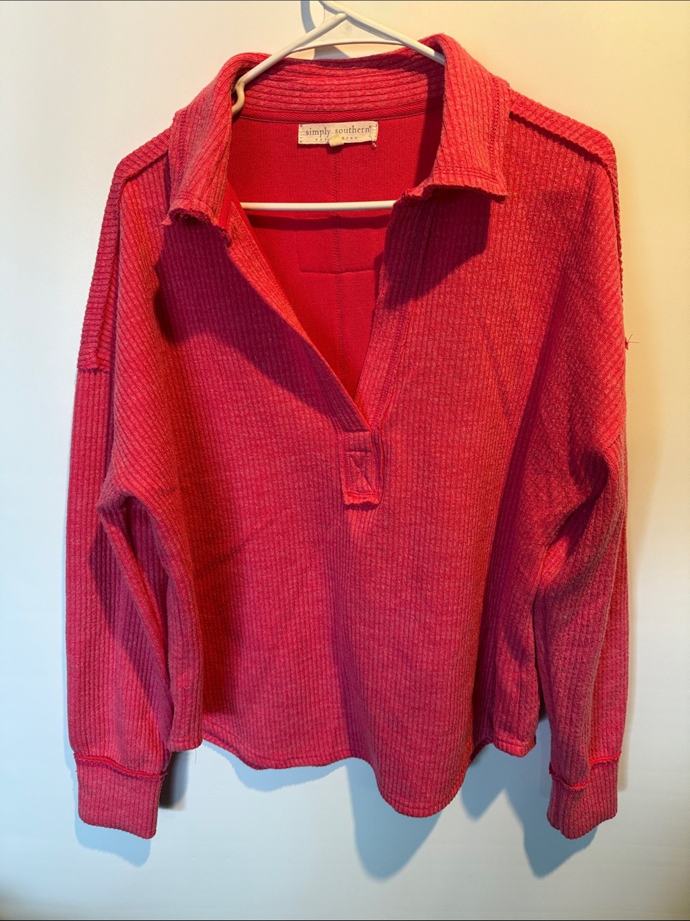 Simply Southern Red Waffle-Knit Collared Pullover Size: XL